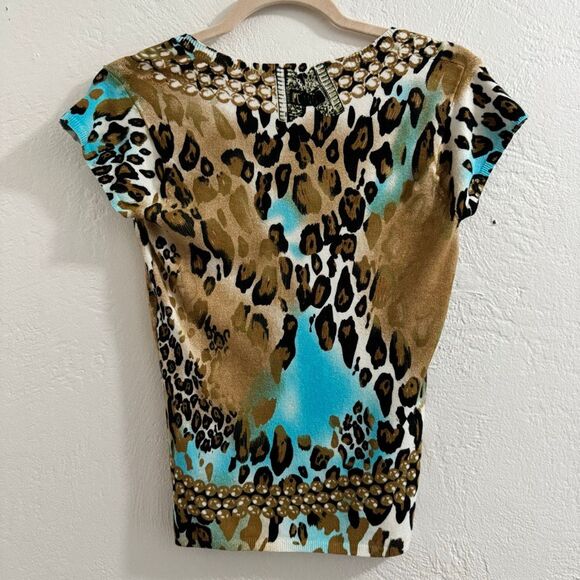 Caché Short Sleeve Knit Mixed Pattern Animal Print Cap Sleeve 2010s Shirt M - Picture 5 of 5